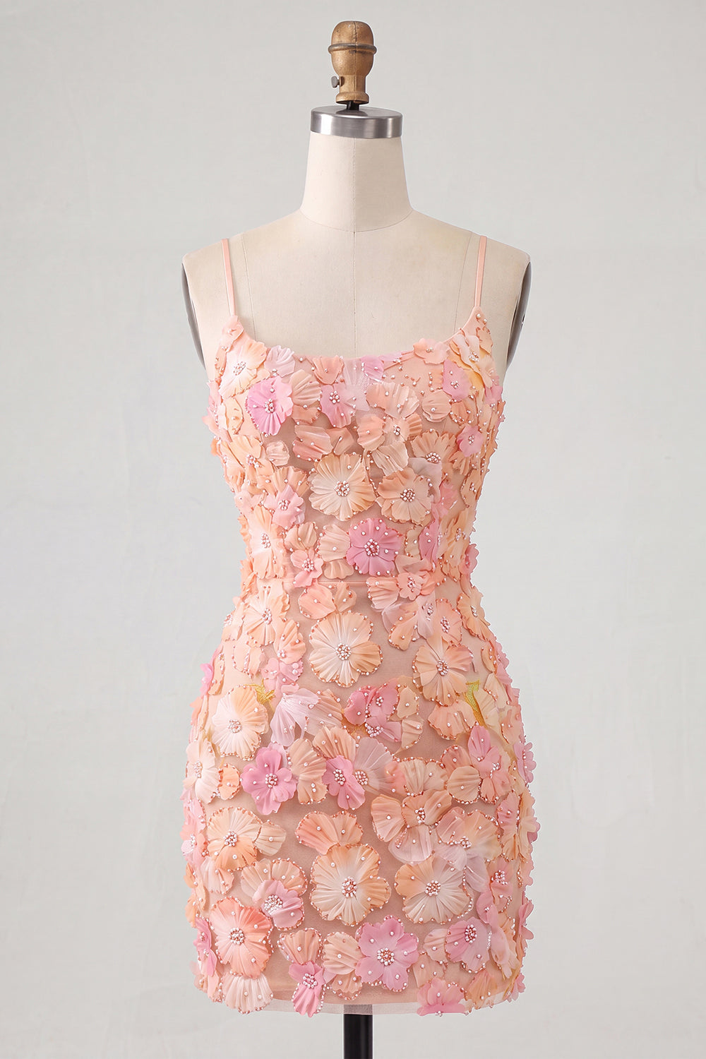 Pink Yellow Tight Spaghetti Straps Floral Short Homecoming Dress with Beading