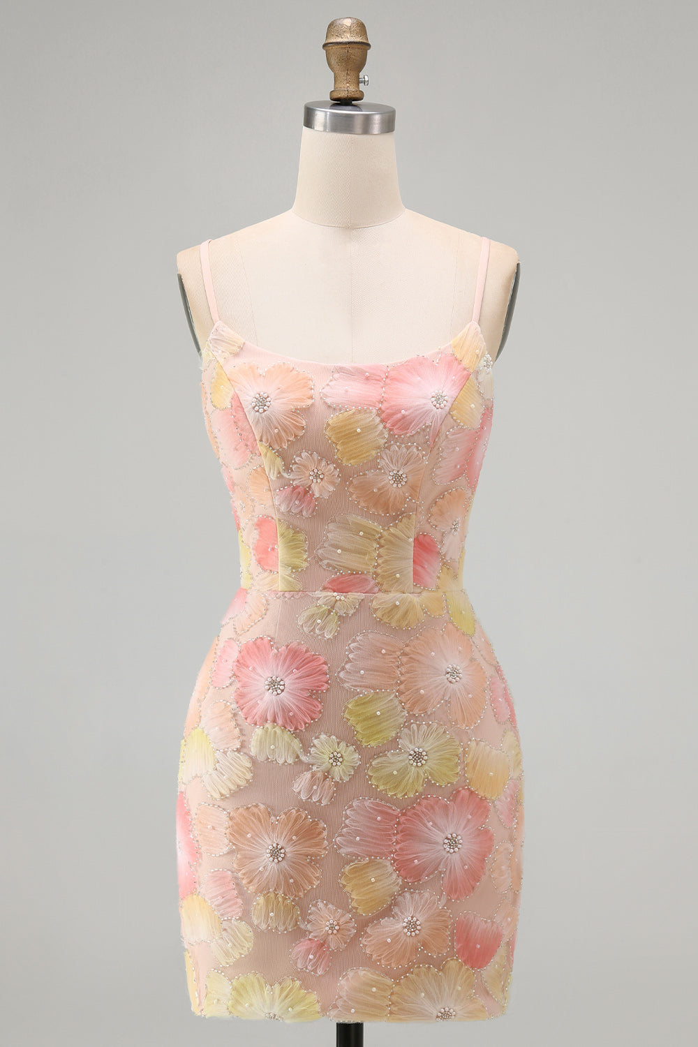 Pink Yellow Tight Spaghetti Straps Floral Short Homecoming Dress with Beading