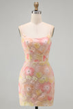 Pink Yellow Tight Spaghetti Straps Floral Short Homecoming Dress with Beading