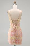 Pink Yellow Tight Spaghetti Straps Floral Short Homecoming Dress with Beading