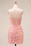 Pink Yellow Tight Spaghetti Straps Floral Short Homecoming Dress with Beading
