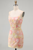 Pink Yellow Tight Spaghetti Straps Floral Short Homecoming Dress with Beading