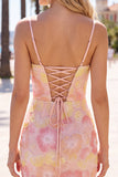 Pink Yellow Tight Spaghetti Straps Floral Short Homecoming Dress with Beading