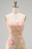 Pink Yellow Tight Spaghetti Straps Floral Short Homecoming Dress with Beading
