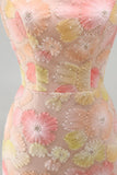 Pink Yellow Tight Spaghetti Straps Floral Short Homecoming Dress with Beading