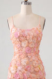 Pink Yellow Tight Spaghetti Straps Floral Short Homecoming Dress with Beading