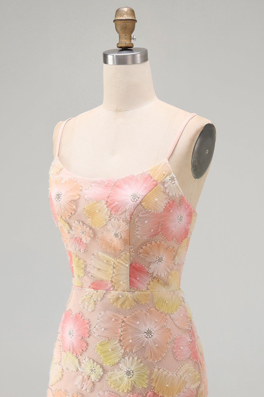 Pink Yellow Tight Spaghetti Straps Floral Short Homecoming Dress with Beading
