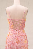 Pink Yellow Tight Spaghetti Straps Floral Short Homecoming Dress with Beading