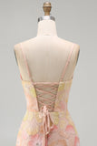 Pink Yellow Tight Spaghetti Straps Floral Short Homecoming Dress with Beading