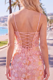 Pink Yellow Tight Spaghetti Straps Floral Short Homecoming Dress with Beading