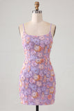 Pink Yellow Tight Spaghetti Straps Floral Short Homecoming Dress with Beading