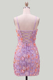 Pink Yellow Tight Spaghetti Straps Floral Short Homecoming Dress with Beading