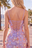 Pink Yellow Tight Spaghetti Straps Floral Short Homecoming Dress with Beading