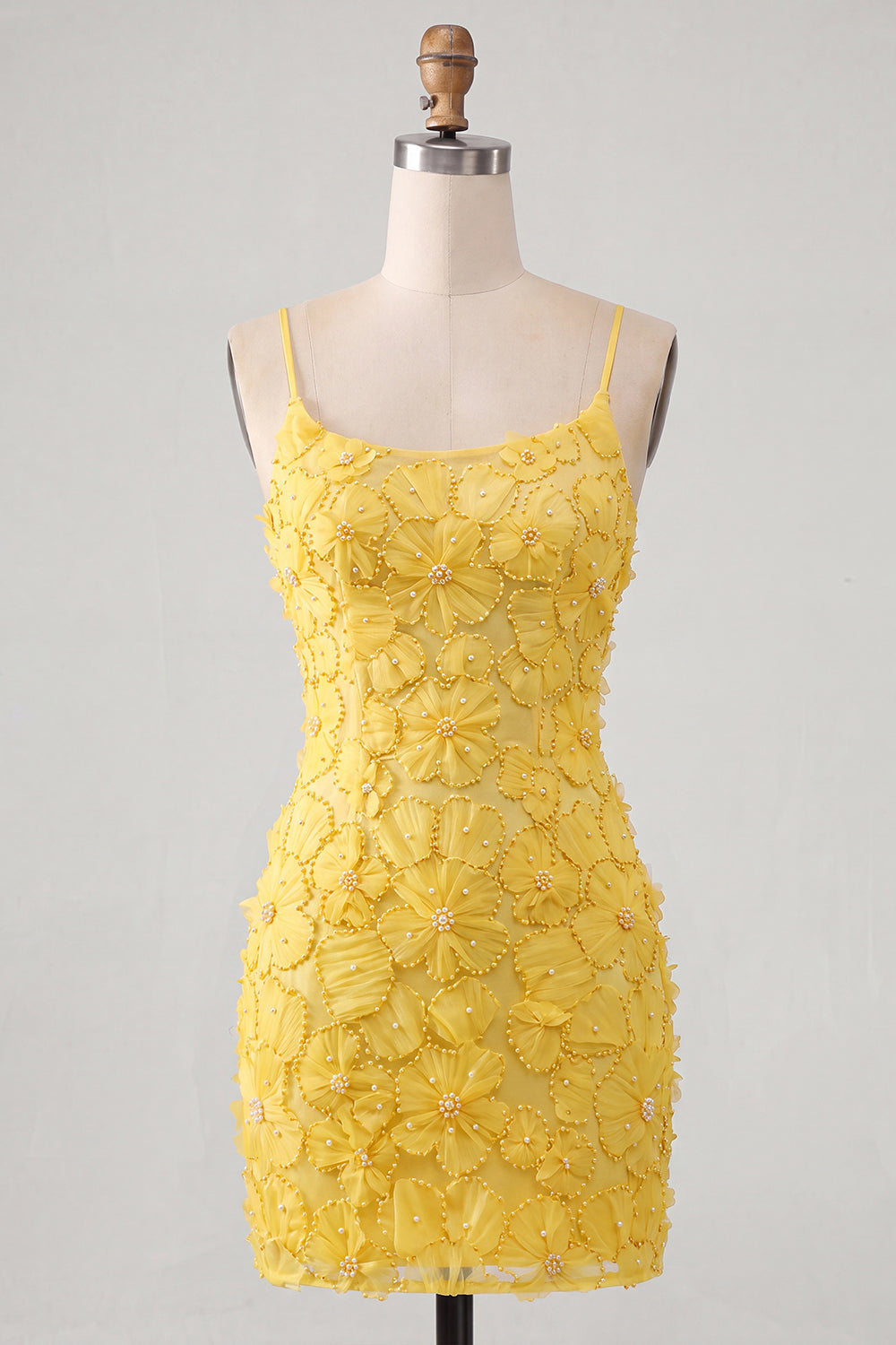 Pink Yellow Tight Spaghetti Straps Floral Short Homecoming Dress with Beading