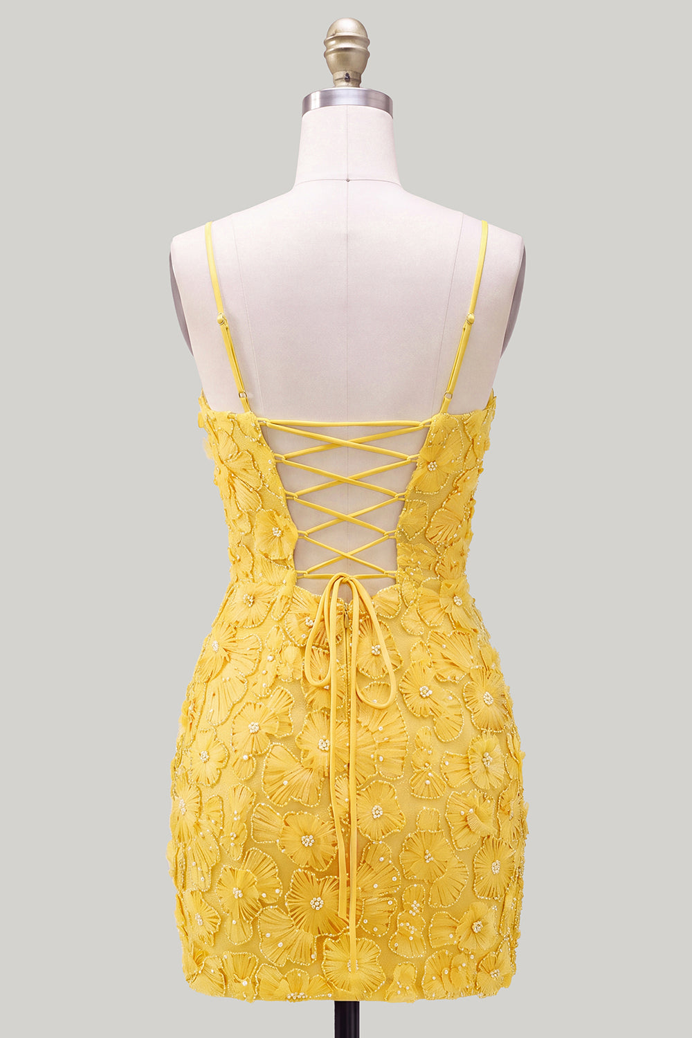 Pink Yellow Tight Spaghetti Straps Floral Short Homecoming Dress with Beading