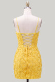 Pink Yellow Tight Spaghetti Straps Floral Short Homecoming Dress with Beading
