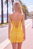 Pink Yellow Tight Spaghetti Straps Floral Short Homecoming Dress with Beading