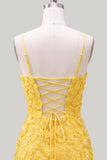 Pink Yellow Tight Spaghetti Straps Floral Short Homecoming Dress with Beading