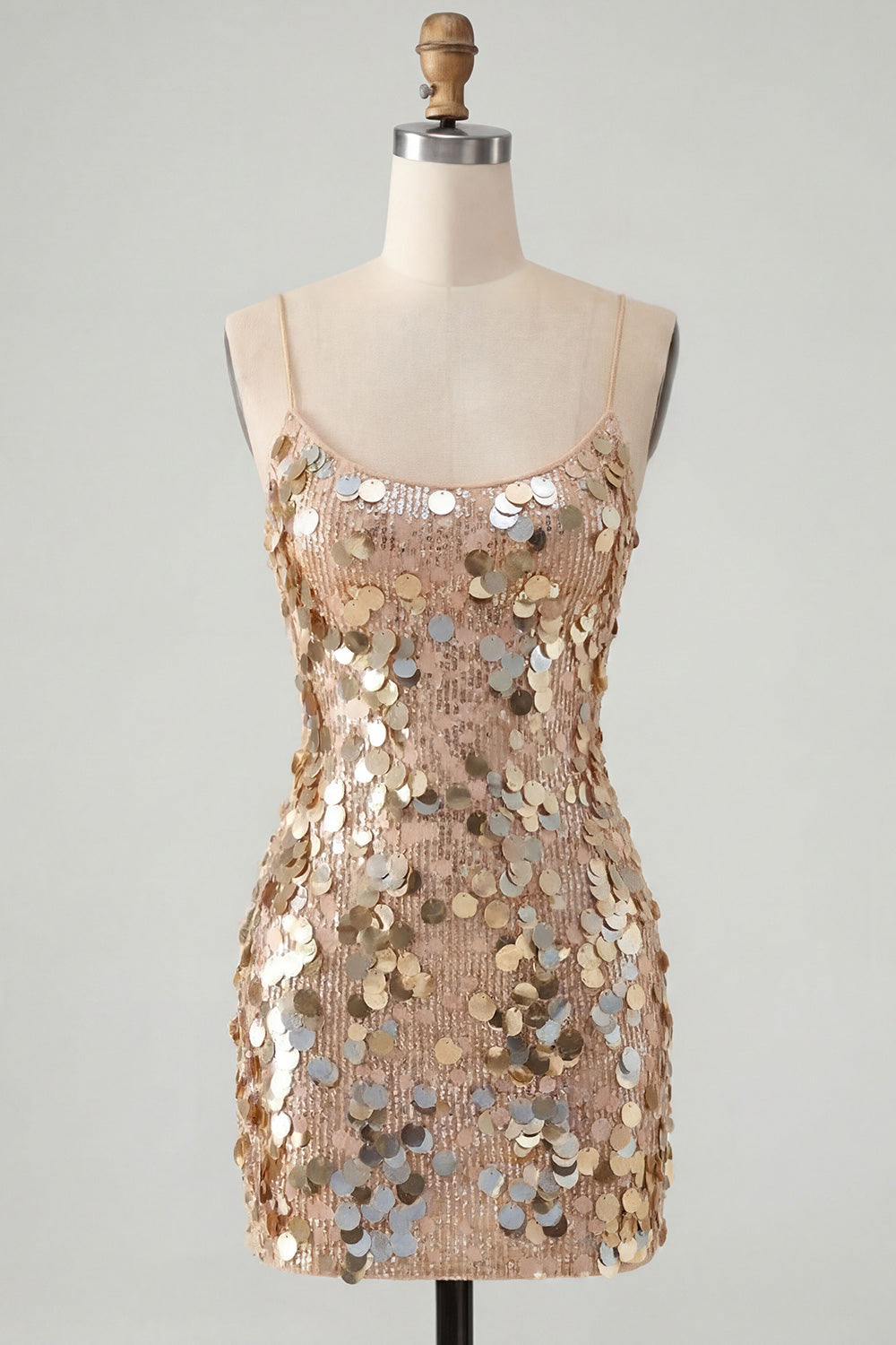 Sparkly Champagne Sequin Tight Spaghetti Straps Short Homecoming Dress