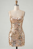Sparkly Champagne Sequin Tight Spaghetti Straps Short Homecoming Dress