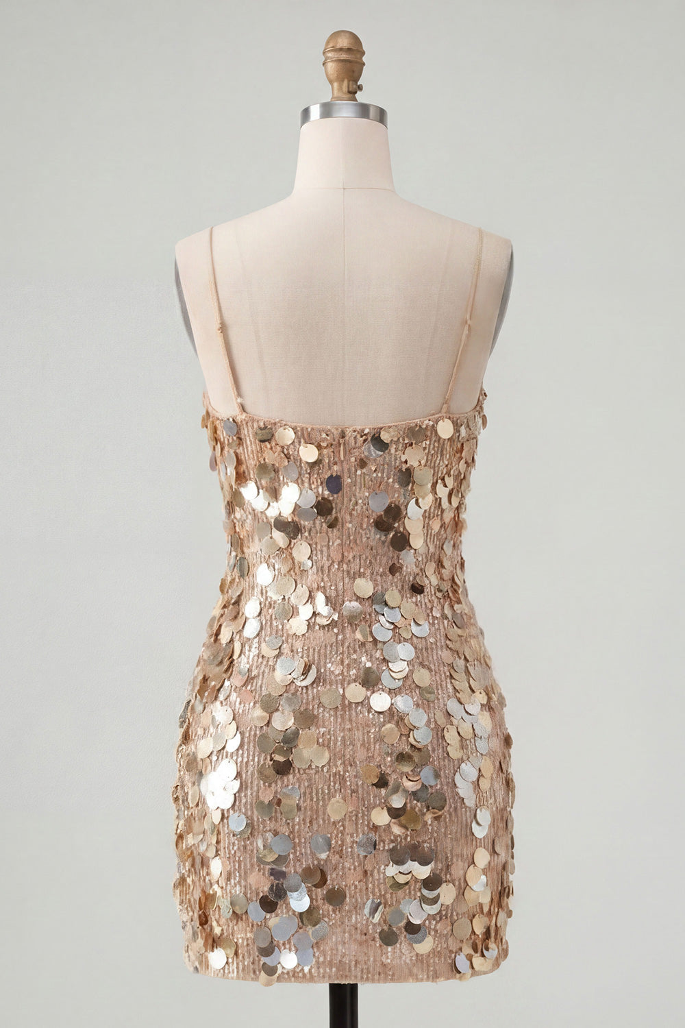 Sparkly Champagne Sequin Tight Spaghetti Straps Short Homecoming Dress