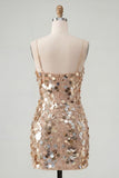 Sparkly Champagne Sequin Tight Spaghetti Straps Short Homecoming Dress