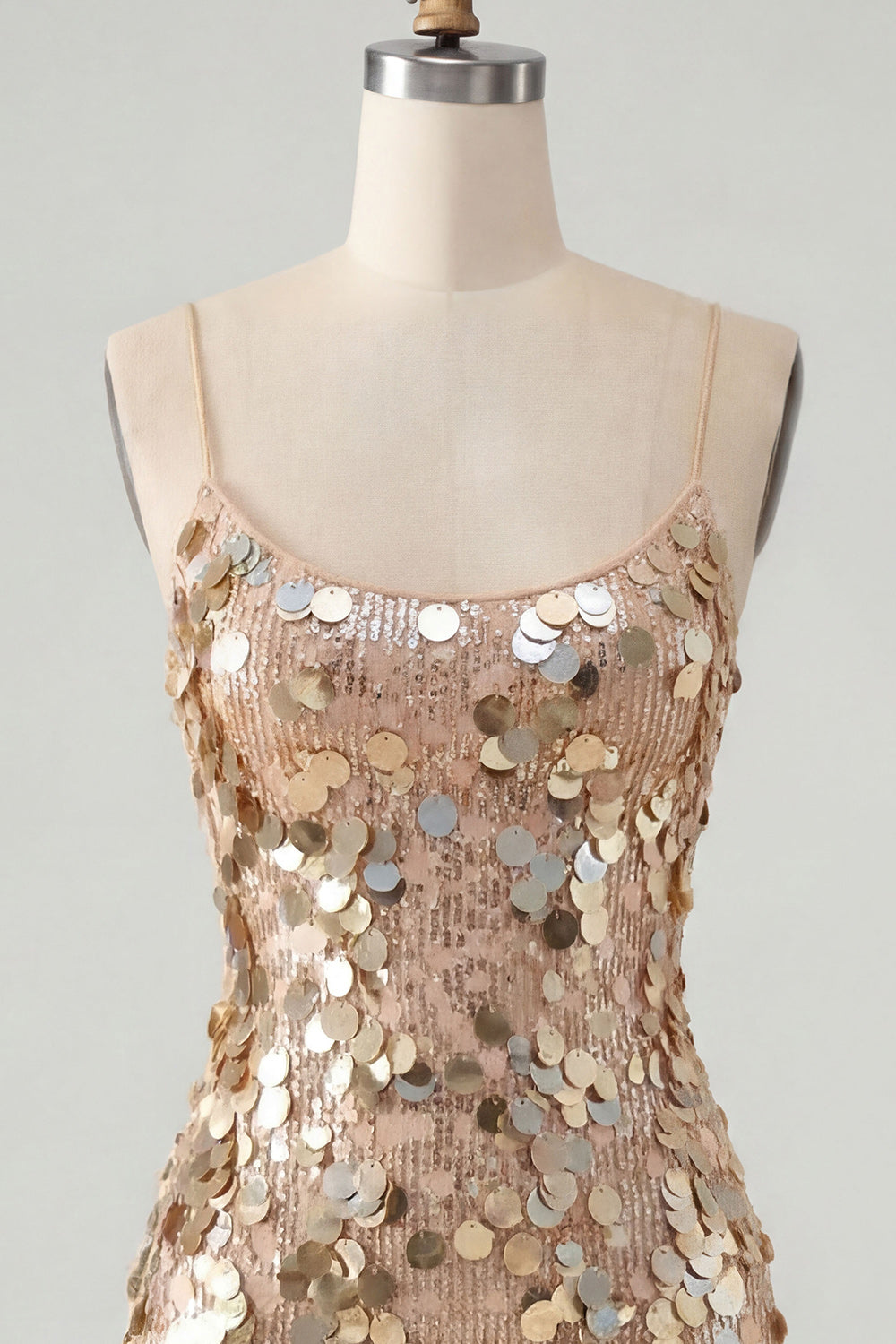 Sparkly Champagne Sequin Tight Spaghetti Straps Short Homecoming Dress