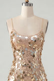 Sparkly Champagne Sequin Tight Spaghetti Straps Short Homecoming Dress