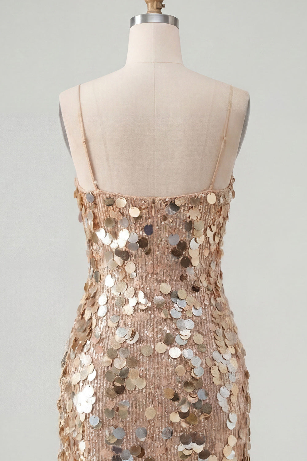 Sparkly Champagne Sequin Tight Spaghetti Straps Short Homecoming Dress