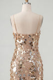 Sparkly Champagne Sequin Tight Spaghetti Straps Short Homecoming Dress