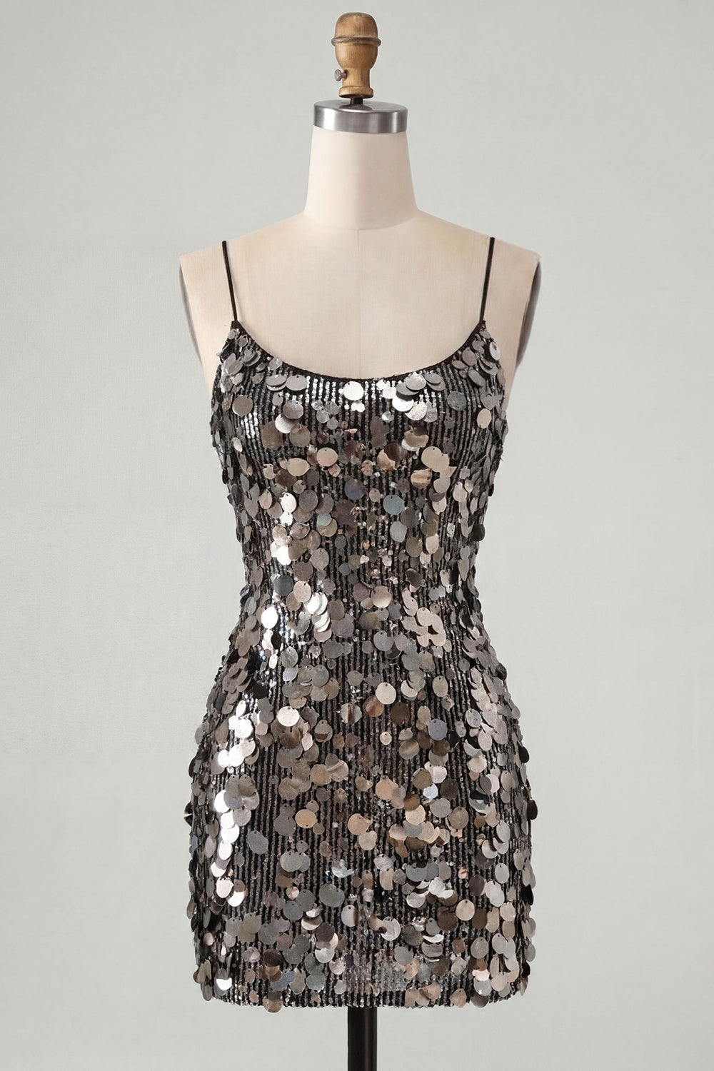 Sparkly Champagne Sequin Tight Spaghetti Straps Short Homecoming Dress