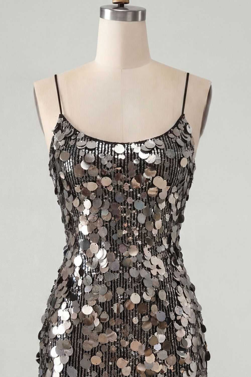 Sparkly Champagne Sequin Tight Spaghetti Straps Short Homecoming Dress