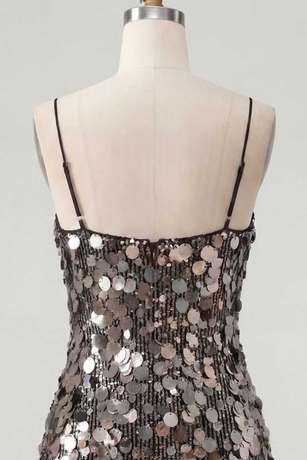 Sparkly Champagne Sequin Tight Spaghetti Straps Short Homecoming Dress