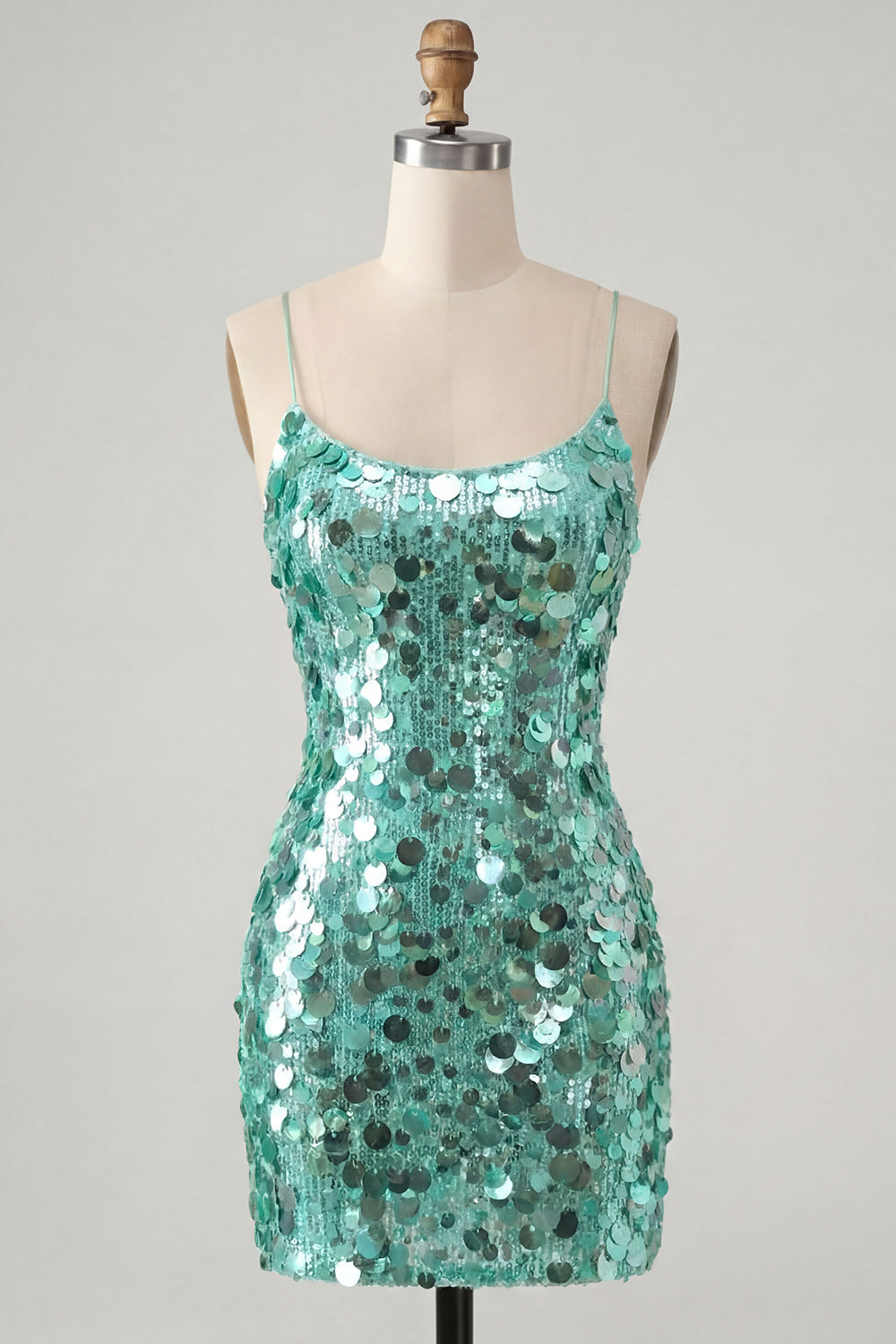 Sparkly Champagne Sequin Tight Spaghetti Straps Short Homecoming Dress