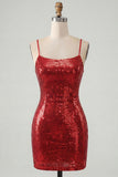 Sparkly Red Tight Spaghetti Straps Sequins Short Homecoming Dress