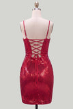 Sparkly Red Tight Spaghetti Straps Sequins Short Homecoming Dress