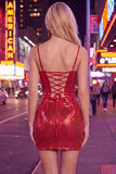 Sparkly Red Tight Spaghetti Straps Sequins Short Homecoming Dress