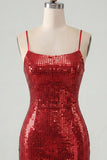 Sparkly Red Tight Spaghetti Straps Sequins Short Homecoming Dress