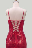 Sparkly Red Tight Spaghetti Straps Sequins Short Homecoming Dress