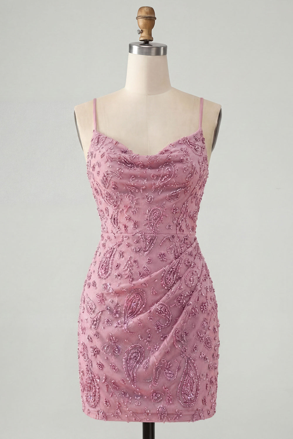 Dusty Rose Tight Cowl Neck Ruched Short Homecoming Dress with Beading