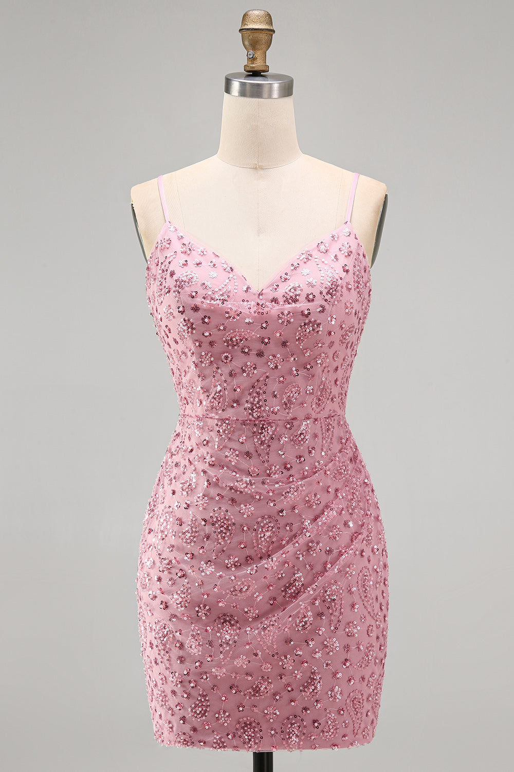 Dusty Rose Tight Cowl Neck Ruched Short Homecoming Dress with Beading