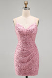 Dusty Rose Tight Cowl Neck Ruched Short Homecoming Dress with Beading