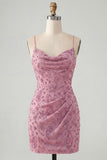 Dusty Rose Tight Cowl Neck Ruched Short Homecoming Dress with Beading