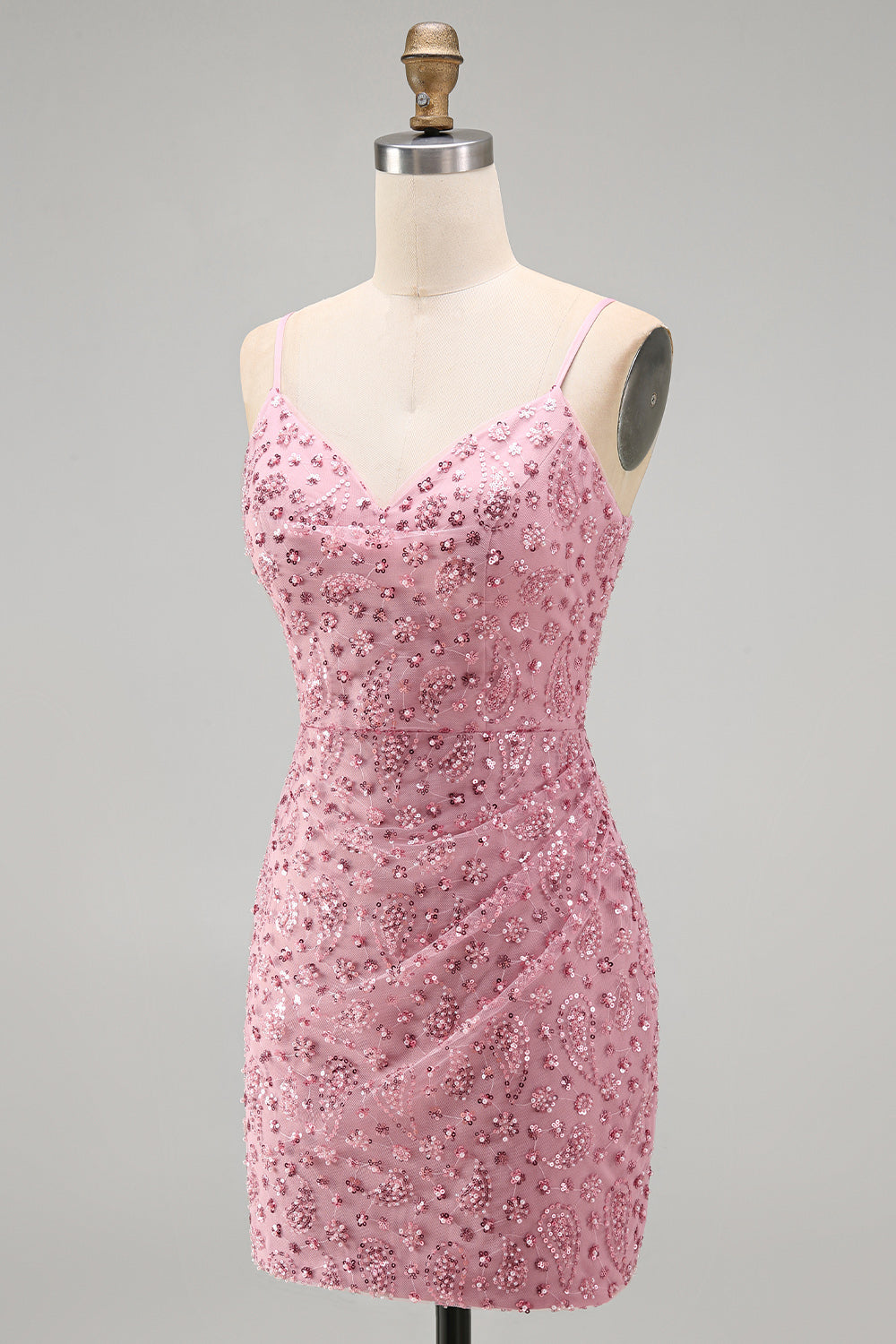Dusty Rose Tight Cowl Neck Ruched Short Homecoming Dress with Beading