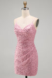 Dusty Rose Tight Cowl Neck Ruched Short Homecoming Dress with Beading