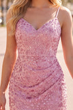 Dusty Rose Tight Cowl Neck Ruched Short Homecoming Dress with Beading