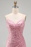 Dusty Rose Tight Cowl Neck Ruched Short Homecoming Dress with Beading