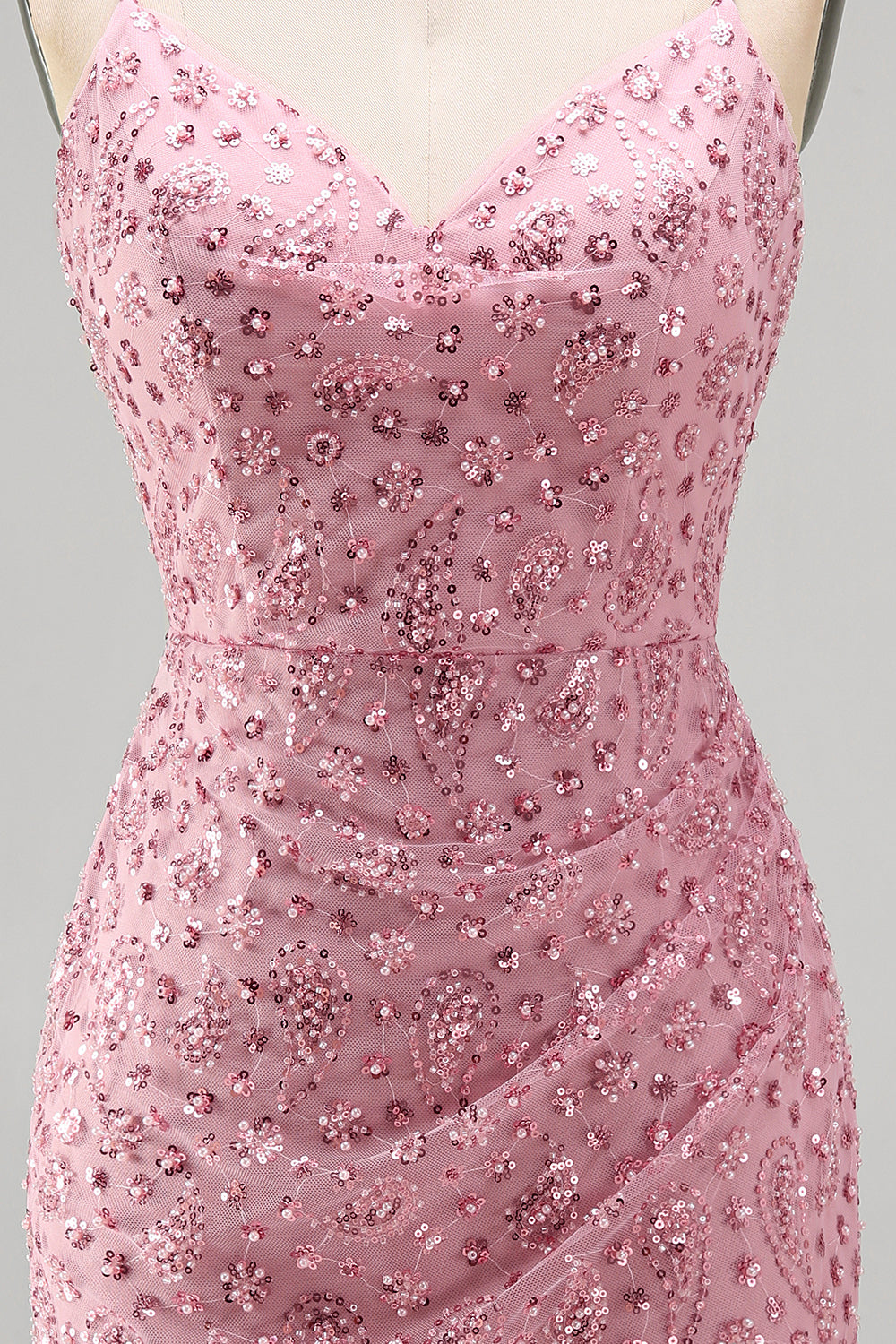 Dusty Rose Tight Cowl Neck Ruched Short Homecoming Dress with Beading