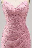 Dusty Rose Tight Cowl Neck Ruched Short Homecoming Dress with Beading
