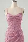 Dusty Rose Tight Cowl Neck Ruched Short Homecoming Dress with Beading